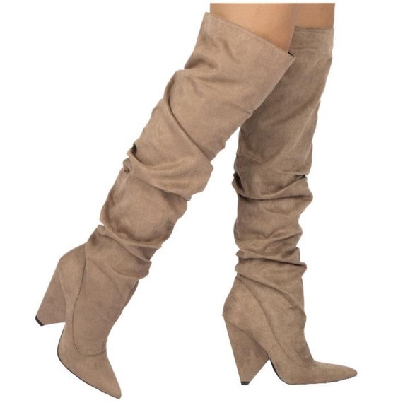 BRAND NEW TAN BROWN SLOUCHY OVER THE KNEE HIGH CONE HEEL BOOTS SUEDE LOOK SZ 10 - Picture 2 of 5